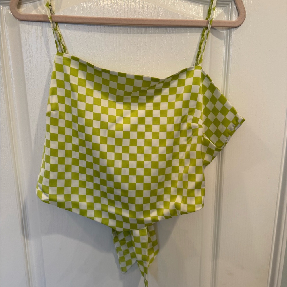 Gianni Bini Lime Green and White Checkered Top